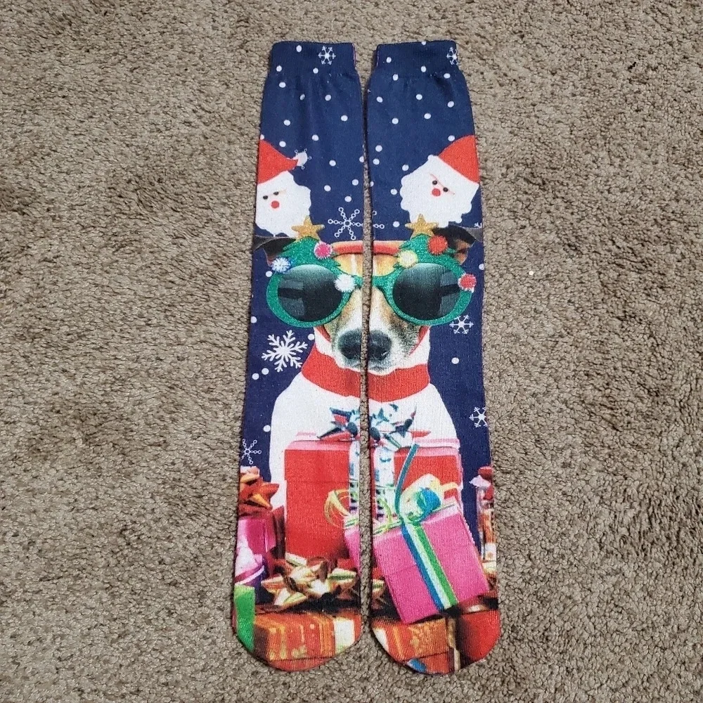 Christmas Holiday Women's Dog Presents Santa Knee High Socks 1 Pair